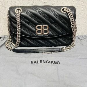 Balenciaga Black Quilted Shoulder Bag with Silver Chain